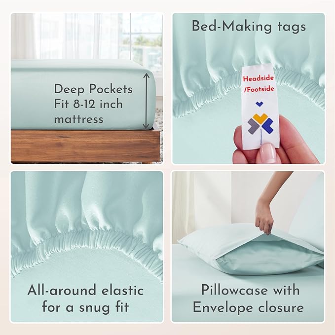 California Design Den Twin Bed Sheets Set - Natural 100% Cotton Sheets with 12" Pockets, Soft Sateen Weave, Breathable and Durable Bedding Set for Dorm Rooms, College (Seafoam)
