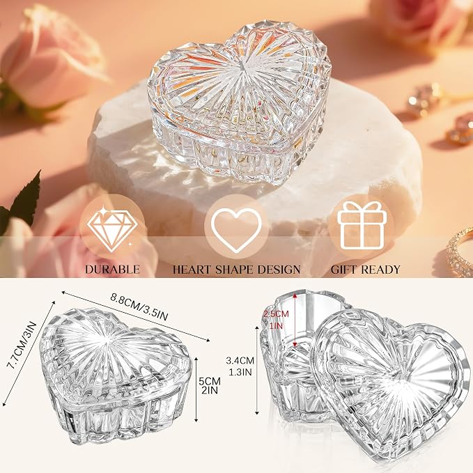 kanpura Clear Glass Jewelry Box Heart Shape Cute Box for Storage Ring Earring Trinket Vintage Decorative Glass Jar with Lid Christmas Gift for Women, Mom - Image 4
