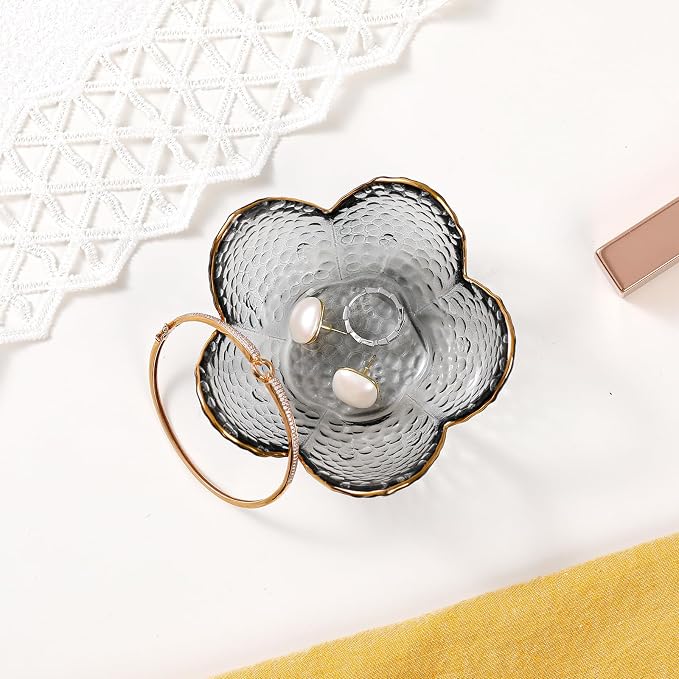 Grey Flower Jewelry Dish Glass Ring Dish Jewelry Tray Cute Vanity Organizer Room Decor Aesthetic Nightstand Bathroom Decor Trinket Dish Ring Holder Dish House Warming Gifts Stocking Stuffers for Women - Image 5