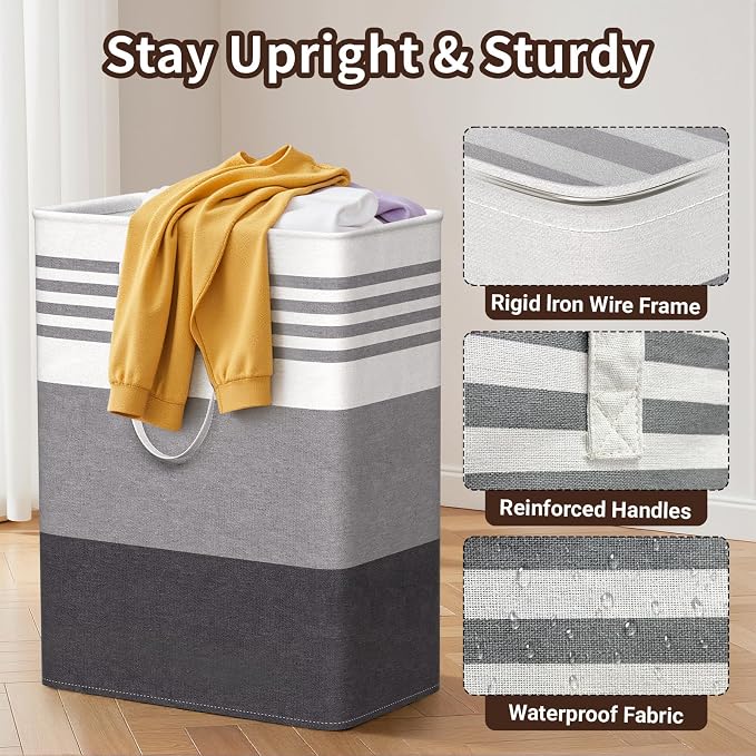 WOWBOX 2 Pack Laundry Baskets, Laundry Hampers, Freestanding Dirty Clothes Hampers with Reinforced Handles & Cross Stitch & Waterproof Coating, for Laundry Bedroom Bathroom Dorm,125L Grey - Image 3