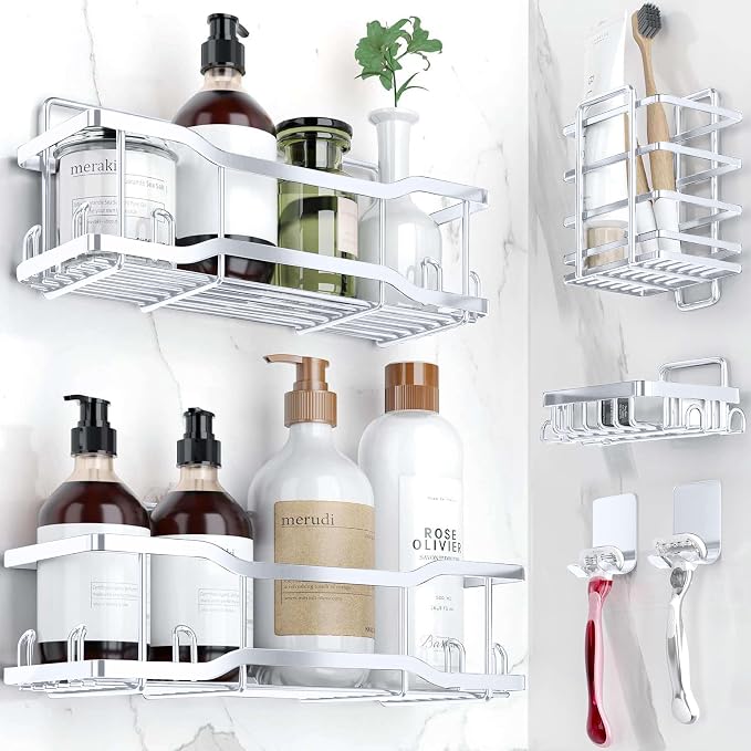 Shower Caddy Bathroom Shelves, The Athena Silken 4 Set, 40LB Capacity, Adhesive Tape -No Drill -Rustproof -Gorgeous Powder Coated 304 Stainless Steel Shower Organizer for kitchen & Home Decor - White by Tribal+Cooking