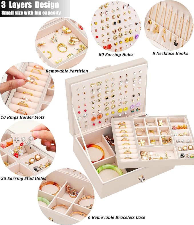 QBestry Girls Jewelry Box Earring Holder Organizer for Girls Jewelry Organizer Box Stud Earrings Organizer for Girl Womens Beige Jewelry Box for Earrings and Necklaces Rings Stud Earring Box for Teen - Image 3