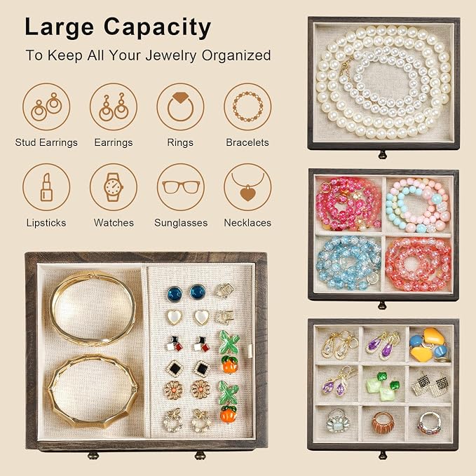 Jewelry Box for Women, Rustic Wooden Jewelry Boxes & Organizers with Mirror & Drawers,6 Layer Jewelry Organizer Box for Rings Earrings Necklaces Bracelets (Vintage) - Image 5