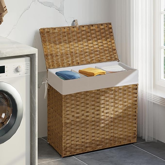 Greenstell Laundry Hamper with Lid, 125L Large Clothes Hamper with 3 Section & 2 Section Removable Liner Bags & 5 Mesh Laundry Bags, Handwoven Synthetic Rattan Divided Laundry Basket, Natural - Image 8
