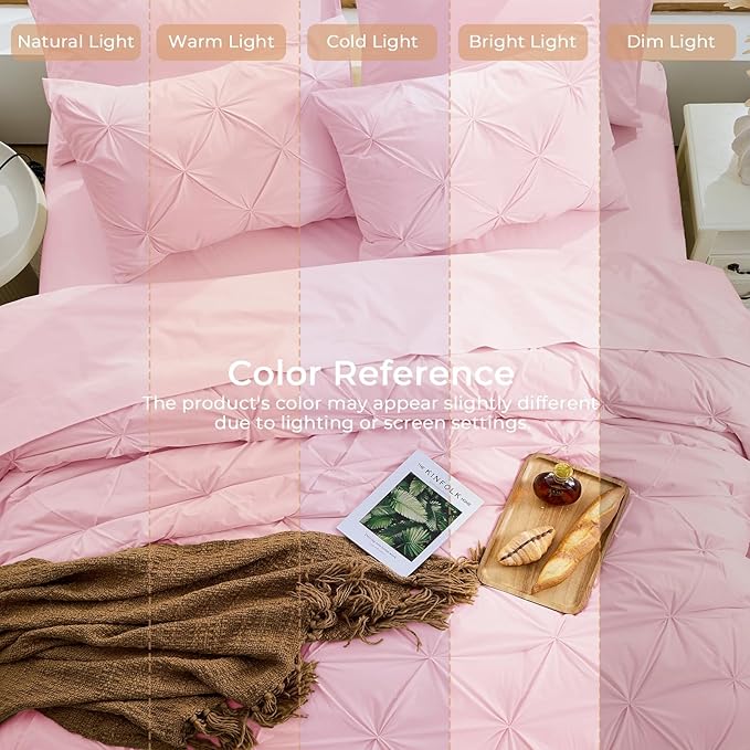 Sasttie Queen Comforter Set, 7-Piece Bed in a Bag, Pintuck Bedding Set for All Season, Includes Comforter, Flat Sheet, Fitted Sheet, Pillowcases and Pillowshams, Baby Pink