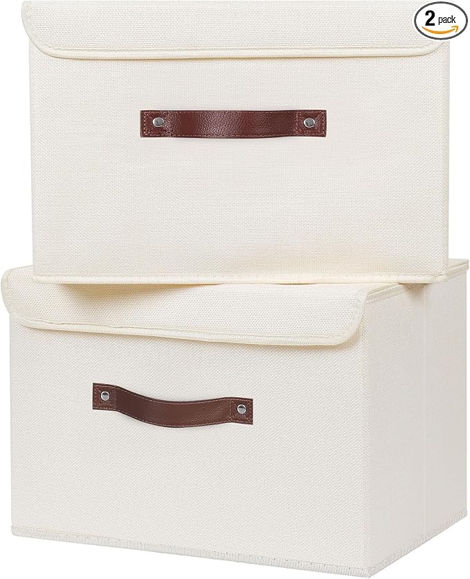 ANMINY 2PCS Storage Bins with Lid PU Leather Handles Storage Boxes PP Plastic Board Decorative Foldable Lidded Cotton Linen Fabric Home Cubes Baskets Closet Organizer Containers - Beige, Large Size by ANMINY