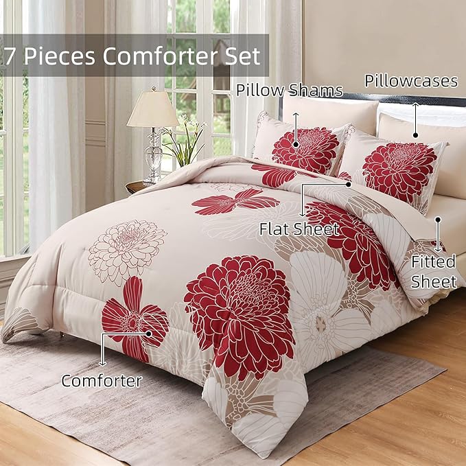 Yiran 7 Pieces Queen Comforter Set Red Floral Bed in a Bag Soft Microfiber Bedding Set 90"×90"(1 Comforter 1 Flat Sheet 1 Fitted Sheet 2 Pillowshams 2 Pillowcases)
