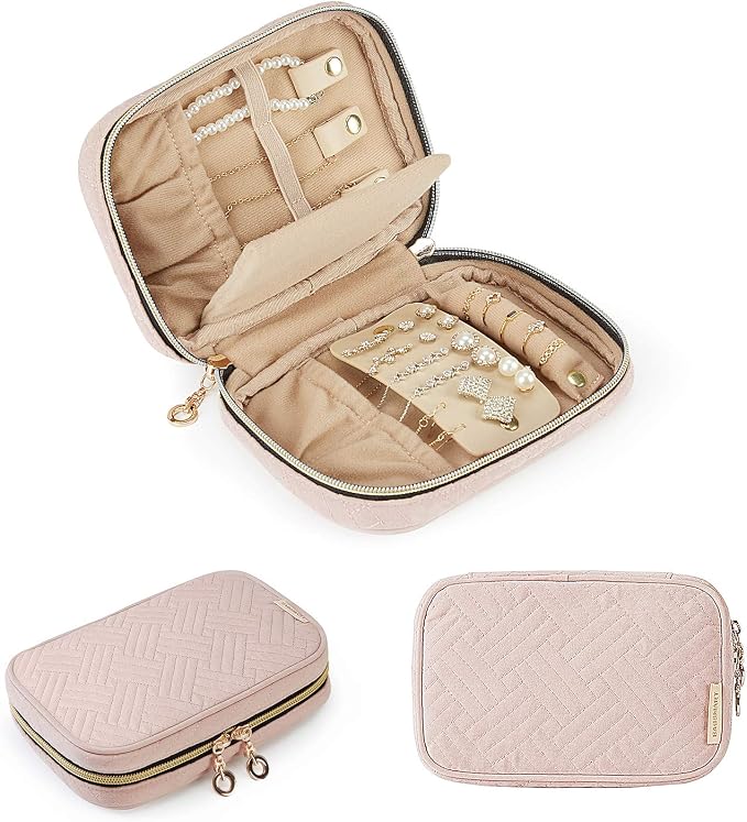 BAGSMART Travel Jewelry Organizer Case Small Jewelry Roll for Journey-Rings, Necklaces, Earrings, Bracelets, Soft Pink by BAGSMART