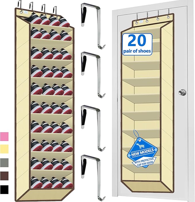 Over The Door Shoe Organizer, 70 Pounds Large Capacity, 20-30-Pair shoe organizer, Heavy Duty-Extra Deep Pockets ,Anti-Scratch Hooks & FSC-Certified Bamboo ,Engineered for Men’s Size 13 shoe,Beige by Zebricolo