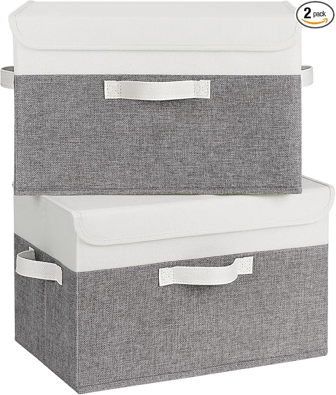 GRANNY SAYS Fabric Storage Boxes, Memory Keepsake Box, Large Storage Bins with Lids, Closet Organizers, Toy Box, Storage Baskets for Shelves, White/Gray, 2-Pack by GRANNYSAYS