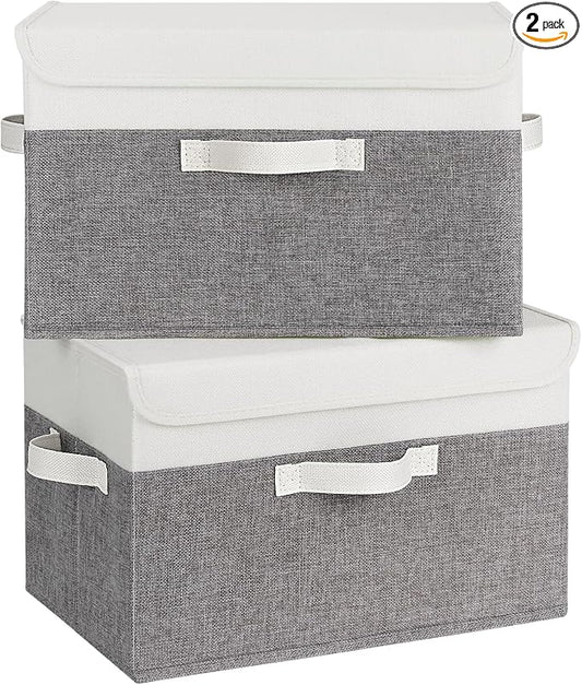 GRANNY SAYS Fabric Storage Boxes, Memory Keepsake Box, Large Storage Bins with Lids, Closet Organizers, Toy Box, Storage Baskets for Shelves, White/Gray, 2-Pack by GRANNYSAYS