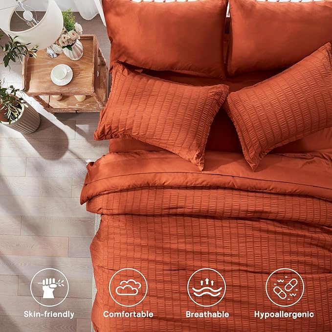 Zzlpp Twin Comforter Set 5 Pieces, Burnt Orange Seersucker Bed in a Bag with Comforter and Sheets, Lightweight Bedding Sets with 1 Comforter, 1 Pillow Sham, 1 Pillowcase, 1 Flat Sheet, 1 Fitted Sheet
