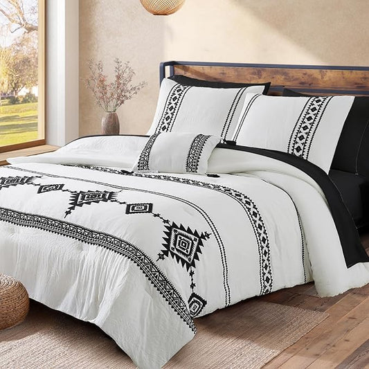 MaiRêve Embroidery Comforter Set, Boho Farmhouse Western Bedding Set, All Season Bed in A Bag Comforter Set with Sheets, Pillowcases & Shams, White Full 7 Pieces