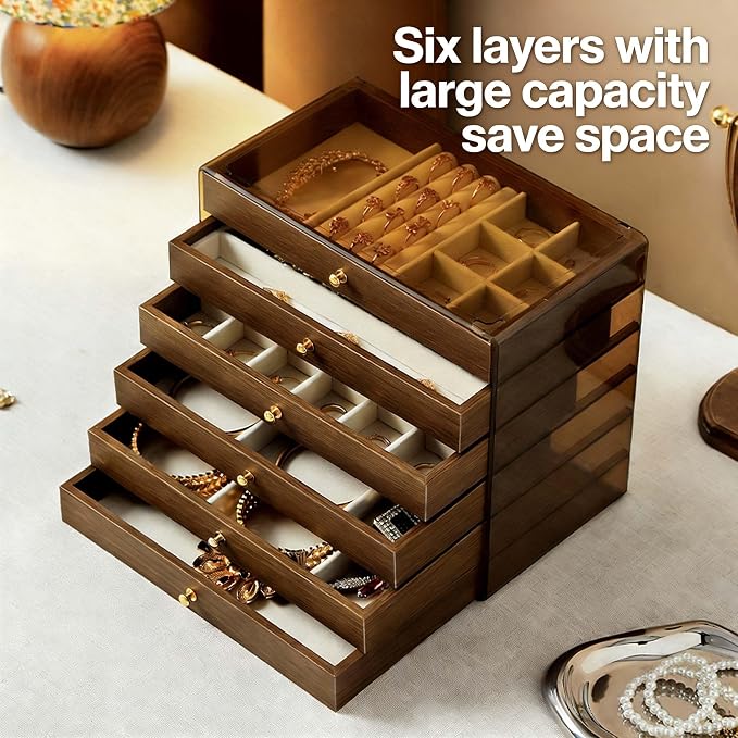Wooden Jewelry Box Organizers and Storage for Girls Women 6 Drawers Multi-Layer Storage Case for Rings Earrings Necklaces Bracelets Vintage Box - Image 3