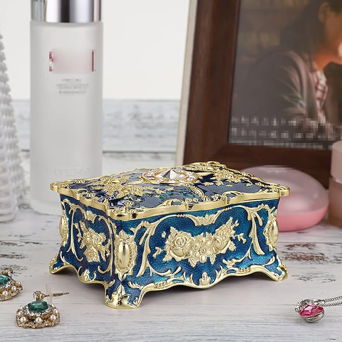 Hipiwe Vintage Jewelry Box, Small Enameled Trinket Box Organizer Rectangular Treasure Chest Box Jewelry Decorative box Keepsake Gift Box Case for Women,3.7x 2.7x 2 inch - Image 7
