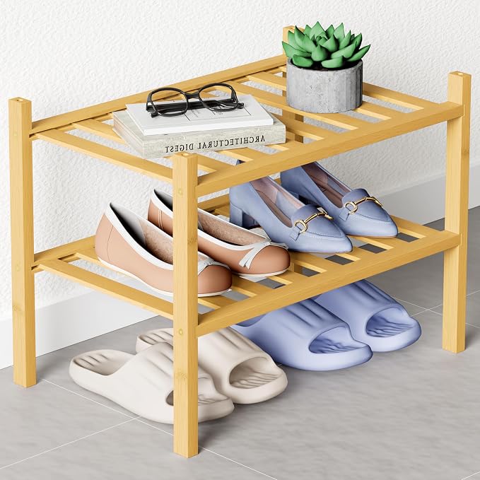 Smiry Bamboo Shoe Rack for Closet, 2 Tier Small Wooden Stackable Shoe Organizer, Free Standing Shoes Storage Shelf for Entryway, Front Door Entrance, Natural by Smiry