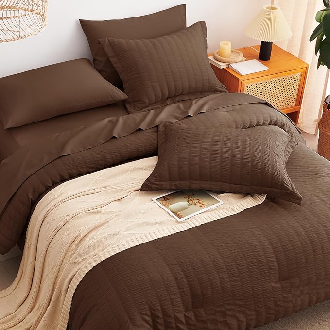 CozyLux King Size Comforter Set Brown Seersucker 7 Pieces Bed in a Bag King Comforter Set with Sheets, Luxury Soft Bedding Sets with Down Alternative Comforter, Sheets, Pillowcases & Shams All Season
