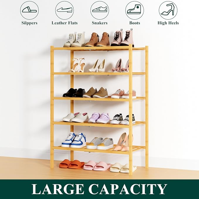 Smiry Shoe Rack, 5 Tier Thick Bamboo Shoe Organizer, Stackable Free Standing Wooden Shoe Storage Shelf for Closet, Entryway, Front Door Entrance, Natural - Image 6