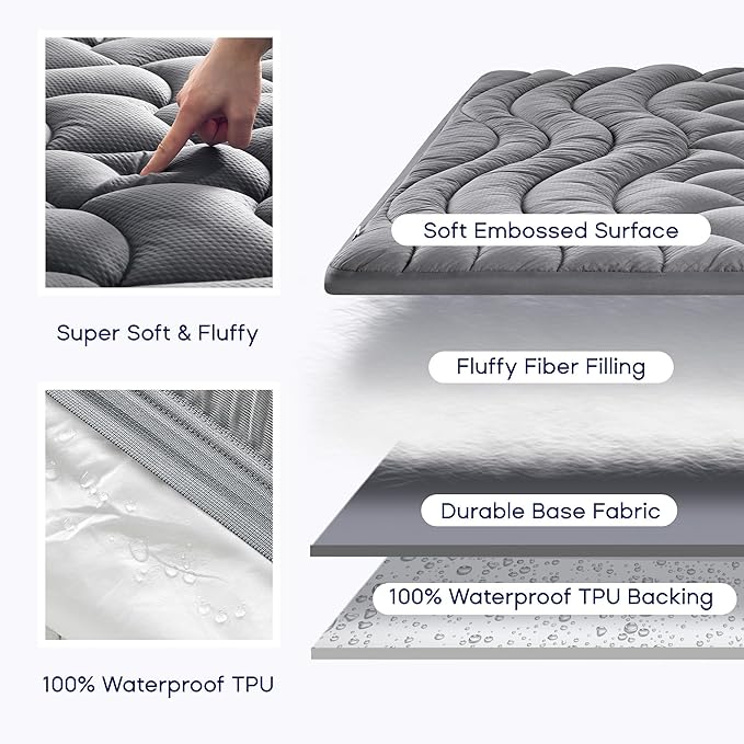 SLEEP ZONE Waterproof Mattress Pad Full, Breathable Mattress Topper Quilted Fitted Cover Protector with Deep Pockets fits 8-21 inch, Gray
