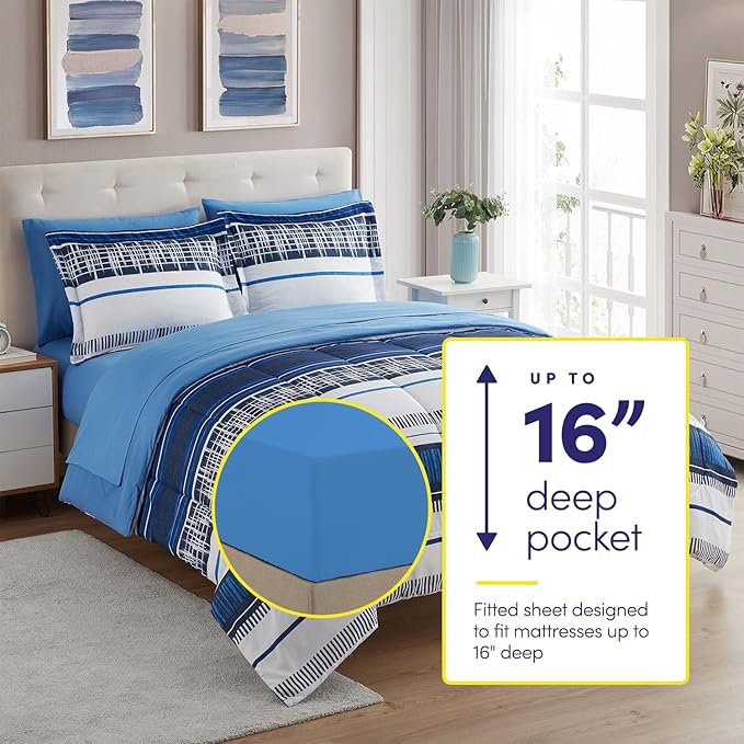 Sweet Home Collection 7 Piece Comforter Set Bag Solid Color All Season Soft Down Alternative Blanket & Luxurious Microfiber Bed Sheets, Mediterranean, Full