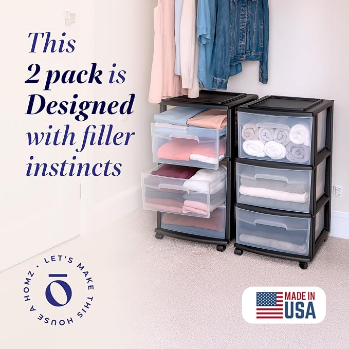 HOMZ 2-Pack Drawer Tower, 3-Tier Clear Plastic Storage Organizer Cart, Black Frame - Organizing Containers with Wheels for Home, Bathroom, Bedroom, Office, and Classroom - Image 4