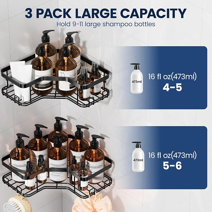 MAXIFFE 3 Pack Corner Shower Caddy with Soap Holder, Large Capacity Sturdy Adhesive Stainless Steel No Drilling Shower Organizer Shelves Rack Storage Inside Shower for Bathroom Family Renters, Black - Image 3