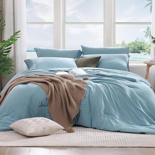 WRENSONGE King Size Comforter Set- 7 Pieces Soft Blue Bed in a Bag with Fitted Sheet, Flat Sheet, 2 Pillow Shams, and 2 Pillowcases- Warm King Bedding Set for All Season