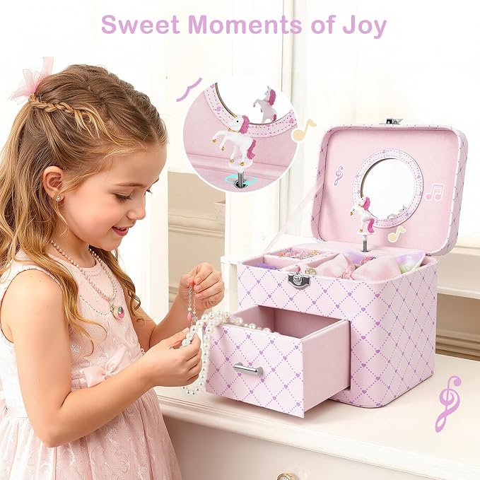 Basumee Musical Jewelry Box for Girls PU Leather Music Box with Drawer Large Kids Jewelry Organizer with Unicorn/Ballerina Jewelry Storage for Little Girls Ages 3–10, Birthday & Holiday Present - Image 6