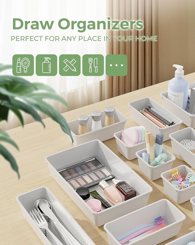 BiuLeon 25 PCS Plastic Drawer Organizers Set, 4-Sizes Vanity and Makeup Organizer, Desk and bathroom Drawer Organizer Trays, Organizers and Storage for Makeup, Jewelry, Gadgets, Utensils (White) - Image 3