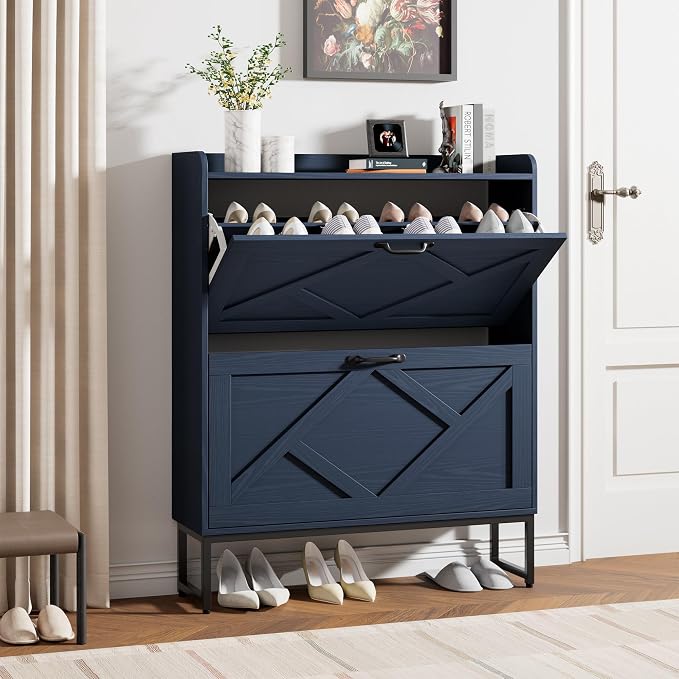 Nicetree Shoe Storage Cabinet, Shoe Cabinet with 2 Flip Drawers, Narrow Shoe Rack Cabinet, Farmhouse Slim Shoe Cabinet Storage for Entryway,Blue by Nicetree