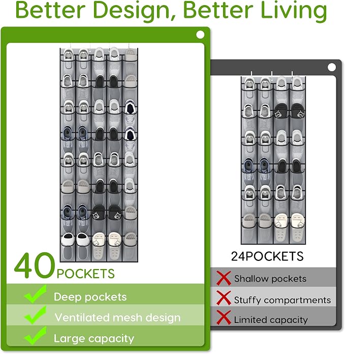 Unjumbly Over the Door Shoe Organizer with 40 Large Breathable Mesh Pockets, Space Saving Shoe Holder, Hanging Shoe Rack for Entryway Bedroom Closet Storage (Grey, 80 Pockets) - Image 5