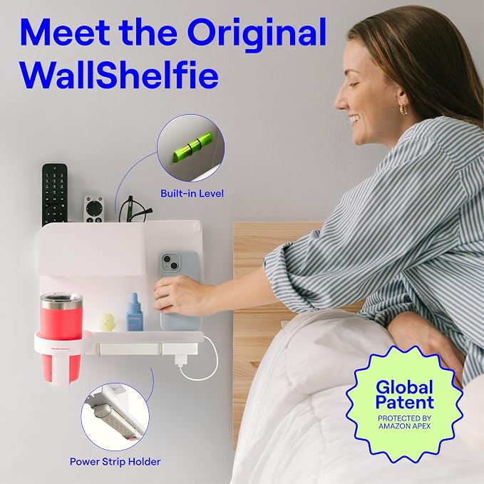 WallShelfie Bedside Wall Organizer & Dorm Decor - Dorm Room Essential, Floating Bedside Shelf Wall Mount Organizer, Remote Control Holder, Cool Teen Girls Trendy Stuff, Room Organization (White) - Image 3