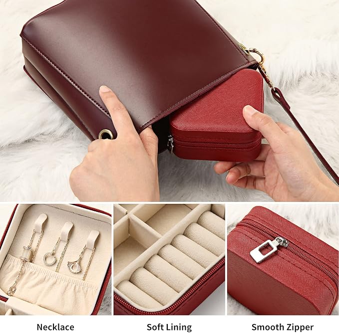 TRODANCE Mini Jewelry Case, Small Travel Jewelry Organizer, Portable Jewelry Box Mini Storage Organizer Display Box For Rings Earrings Necklaces (Red-4pcs) - Image 6