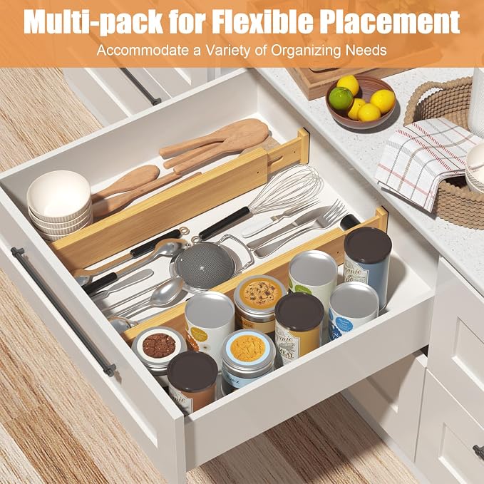 Bamboo Drawer Dividers,17-22" Adjustable Kitchen Drawer Organizer for Clothes,8 Pack Expandable Drawer Organization Separators for Bedroom,Bathroom,Dresser and Office,Natural - Image 2