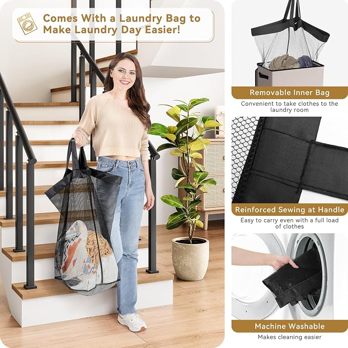 SOLEDI Slim Laundry Hamper with Lid, Narrow Laundry Basket with Removable Bags, Dirty Clothes Hamper with handle, Small Hamper perfect for Laundry room, Bathroom, Bedroom, Small spaces.Light taupe - Image 4