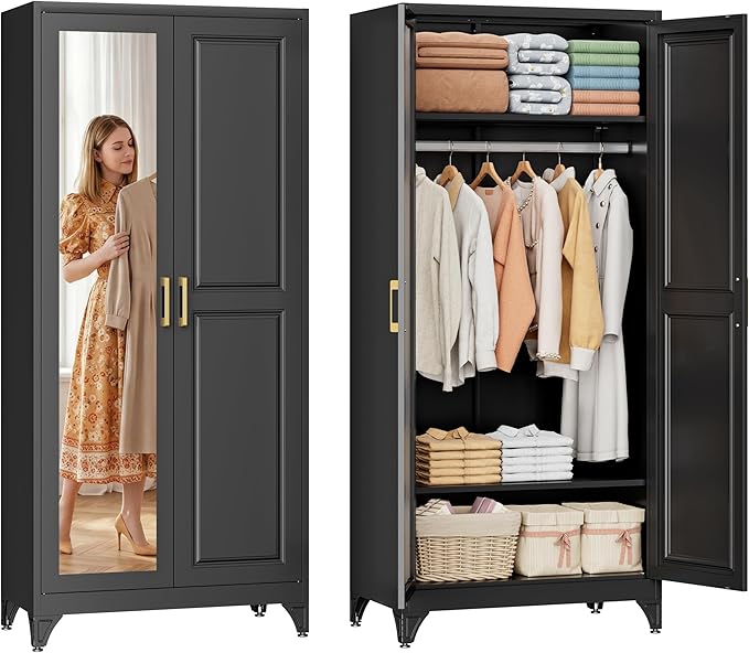 SteeLoong Metal Wardrobe Cabinet with Hanging Rod, 71" Tall Armoire Wardrobe Closet with 2 Mirror Doors and Adjustable Shelves, Black Clothing Storage Cabinets for Bedroom, Laundry Room