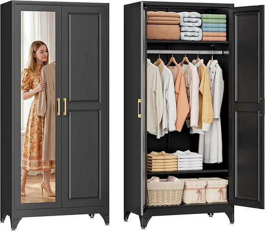 SteeLoong Metal Wardrobe Cabinet with Hanging Rod, 71" Tall Armoire Wardrobe Closet with 2 Mirror Doors and Adjustable Shelves, Black Clothing Storage Cabinets for Bedroom, Laundry Room