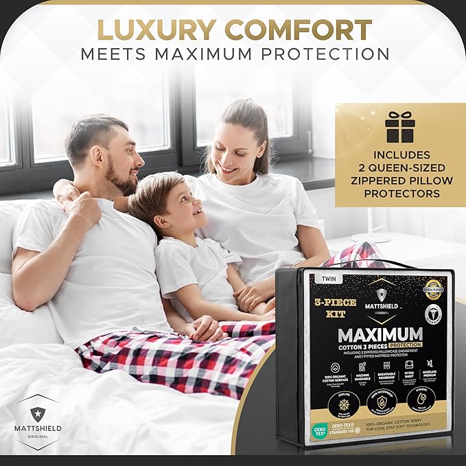 MATTSHIELD Maximum 3-Piece Kit - Waterproof Organic Cotton Terry Mattress Protector Full + 2 Pillow Protectors - Fitted with Stretchable Pockets - Skin-Friendly, Breathable Mattress Cover