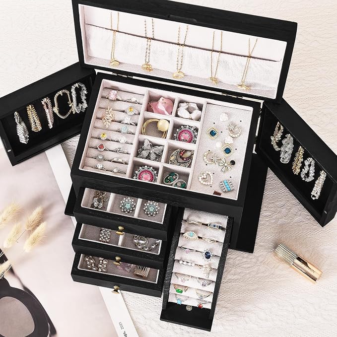 Poyilooo Jewelry Box Organizer, Solid Wood Jewelry Boxes for Women, Double Layer Jewelry Organizer Box Display Earring Necklace Bracelet Ring, Rustic Style Small Jewelry Box for Girls (Black) - Image 3