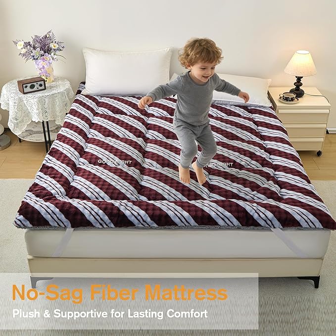Mattress Topper Queen Size 60 x 80 inches, Warm Thicken Velvet Queen Mattress Pad Breathable and Comfortable with 4 Elastic Band, Deep Pocket Stretchable up to 15 inches Washable, Brown Stripes