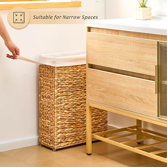 Handwoven Slim Laundry Hamper, 75L Narrow Laundry Basket, Natural Water Hyacinth Basket and Handles and Removable Liner Bag & 2 Mesh Bags (Natural, 75L) - Image 8