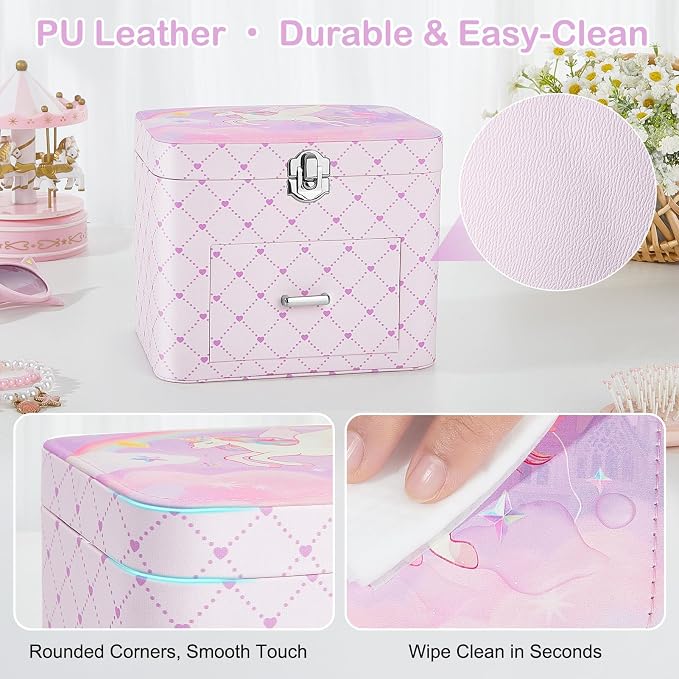 Basumee Musical Jewelry Box for Girls PU Leather Music Box with Drawer Large Kids Jewelry Organizer with Unicorn/Ballerina Jewelry Storage for Little Girls Ages 3–10, Birthday & Holiday Present - Image 5