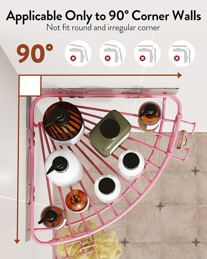 Orimade Corner Shower Caddy with 2 Hooks Wall Mounted Metal Bathroom Shelf Storage Organizer Adhesive No Drilling 2 Pack, Pink Only for 90-Degree Corner - Image 2