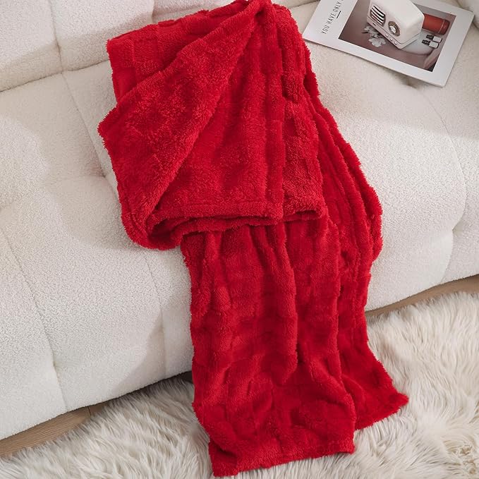 Red Fleece Throw Blanket 90”×90” for Couch Sofa Bed,Super Soft Cozy Plush Microfiber Flannel Blanket with 3D Checkered Design Lightweight for Adults,Woman,Girls