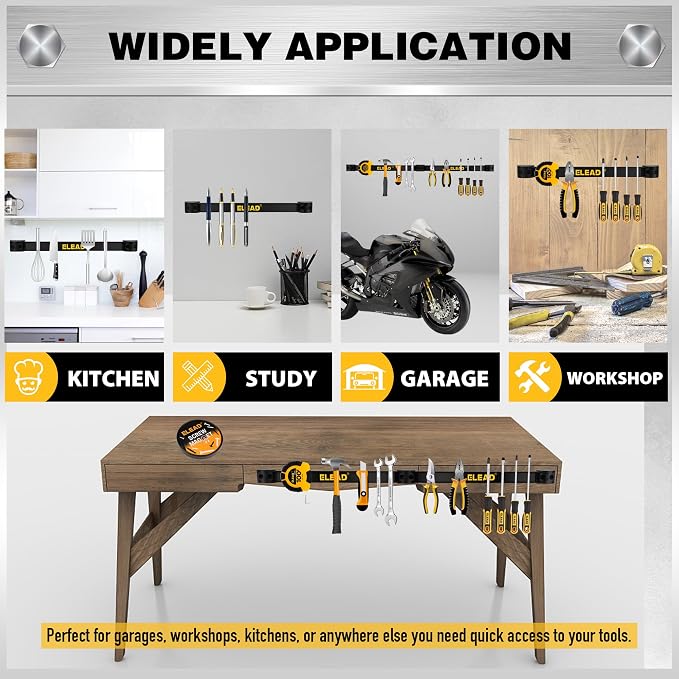 ELEAD 9-Piece 12" Magnetic Tool Holder Storage Organizer - Wall Mount Rack Garage Organization Power Magnet Hanger Workbench Board Slatwall Van Organizers Mounted Hanging Strip - Image 8