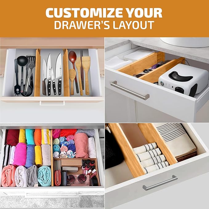 6-Pack Drawer Dividers - 6 Inches High, Adjustable 11 to 17 Inches Bamboo Drawer Organizers, Large Deep Expandable Separators for Clothes, Dresser, Bedroom, Bathroom, Baby , Office, Kitchen Utensils - Image 4