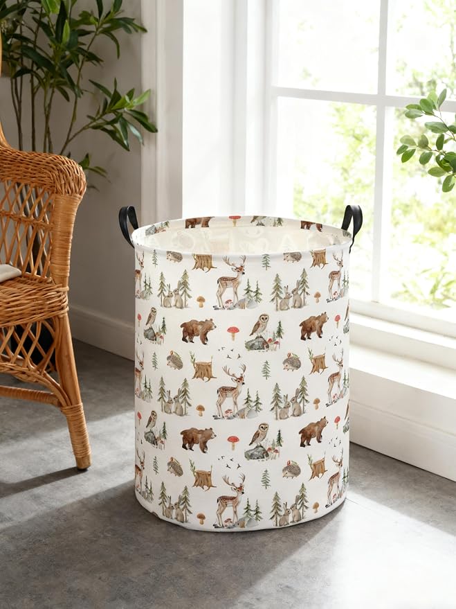 Kids Laundry Basket Animal Hamper for Nursery Woodland Hamper Cute Kids Storage Bin Organizer Room Decor for Home(Woodland animal) - Image 4