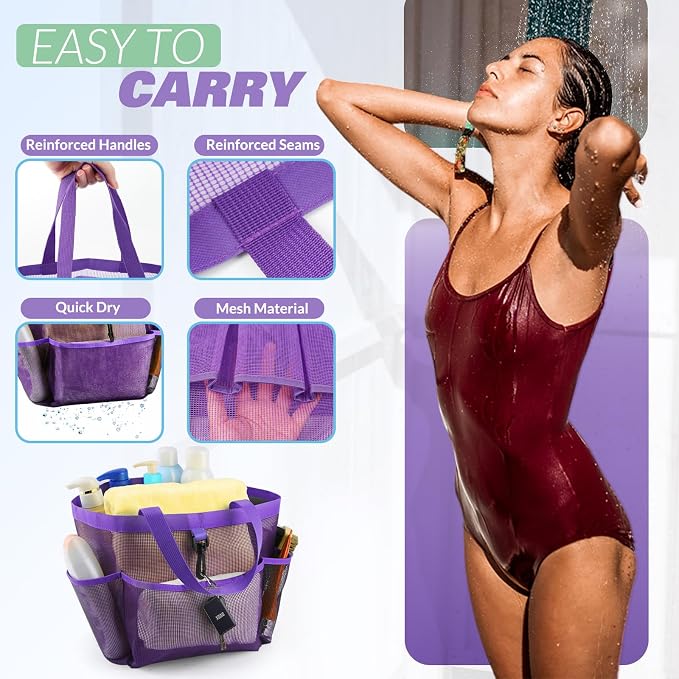LOYEE Mesh Shower Caddy Portable for College Dorm Room Essentials with 8 Pockets, Shower Bag for Beach, Swimming, Gym, Travel, Bathroom(All purple) - Image 4
