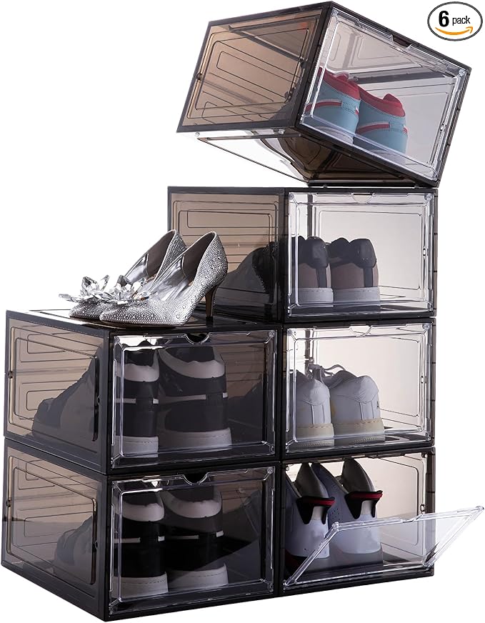 Attelite Shoe Box,Set of 6,Stackable Plastic Clear Shoe Box Organizer with Magnetic Door,Shoe Storage Box Thicken Sturdy,Easy Assembly,Fit up to US Size 12,Black by Attelite