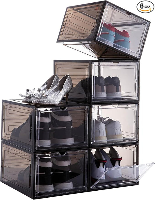 Attelite Shoe Box,Set of 6,Stackable Plastic Clear Shoe Box Organizer with Magnetic Door,Shoe Storage Box Thicken Sturdy,Easy Assembly,Fit up to US Size 12,Black by Attelite